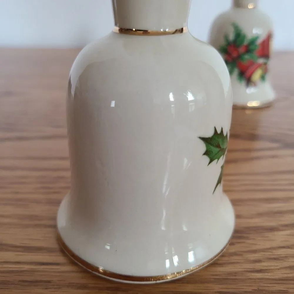 Vintage 1974 and 1975 Porcelain Ceramic Christmas Holiday Hand Dinner Bells
